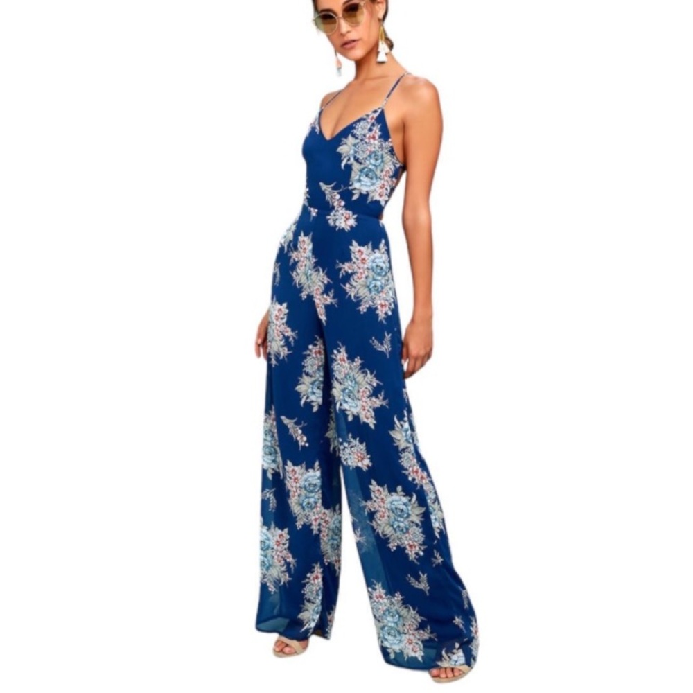 Lulus Shea Navy Blue Floral Print Wide leg Boho Jumpsuit Criss Cross Back Sz S